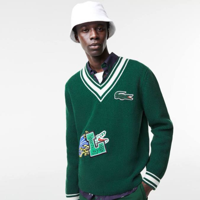 Lacoste homens suéter com emblema em quadrinhos verde branco P2PX1379 roupas