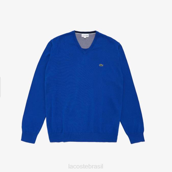 Lacoste homens suéter de algodão com decote em V azul P2PX1636 roupas