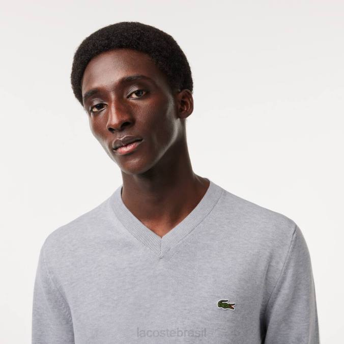 Lacoste homens suéter de algodão orgânico com decote em V chino cinza P2PX1568 roupas