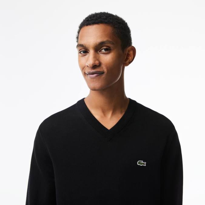 Lacoste homens suéter de algodão orgânico com decote em V preto P2PX1323 roupas