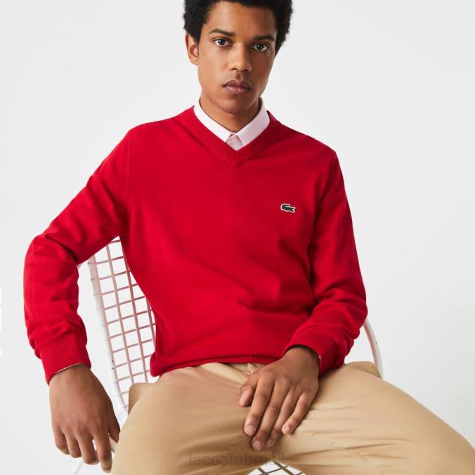 Lacoste homens suéter de algodão orgânico com decote em V vermelho P2PX1324 roupas