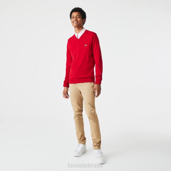 Lacoste homens suéter de algodão orgânico com decote em V vermelho P2PX1324 roupas