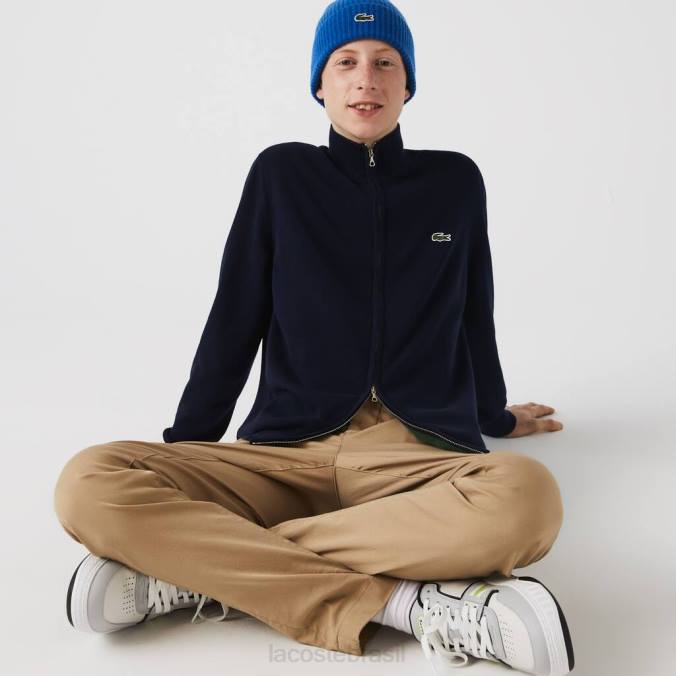 Lacoste homens suéter de algodão orgânico com gola alta e zíper azul-marinho P2PX461 roupas