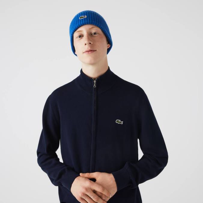 Lacoste homens suéter de algodão orgânico com gola alta e zíper azul-marinho P2PX461 roupas