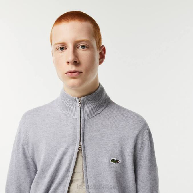 Lacoste homens suéter de algodão orgânico com gola alta e zíper chino cinza P2PX459 roupas