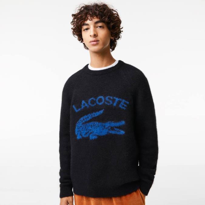 Lacoste homens suéter de alpaca com mistura de crocodilo e marca contrastante Preto Azul P2PX1464 roupas