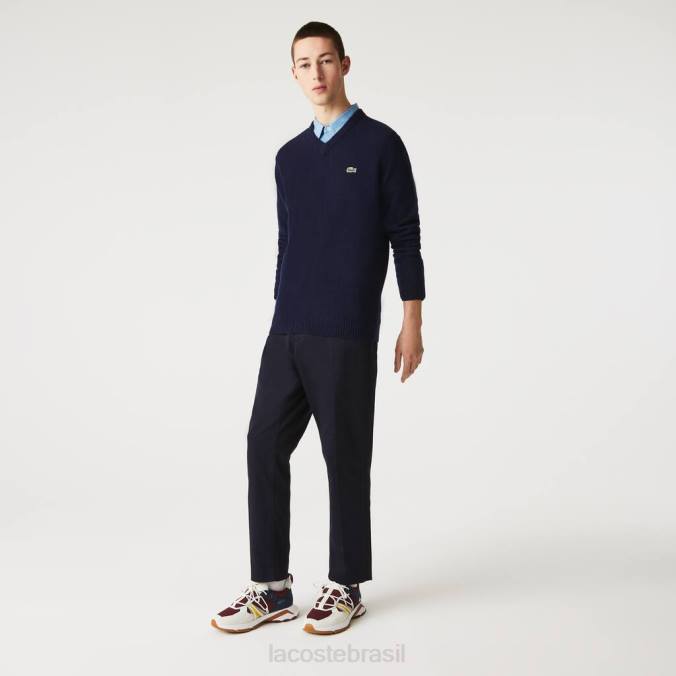 Lacoste homens suéter de lã com decote em V azul-marinho P2PX1555 roupas