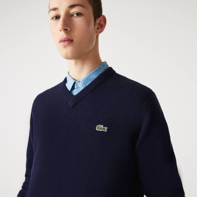 Lacoste homens suéter de lã com decote em V azul-marinho P2PX1555 roupas
