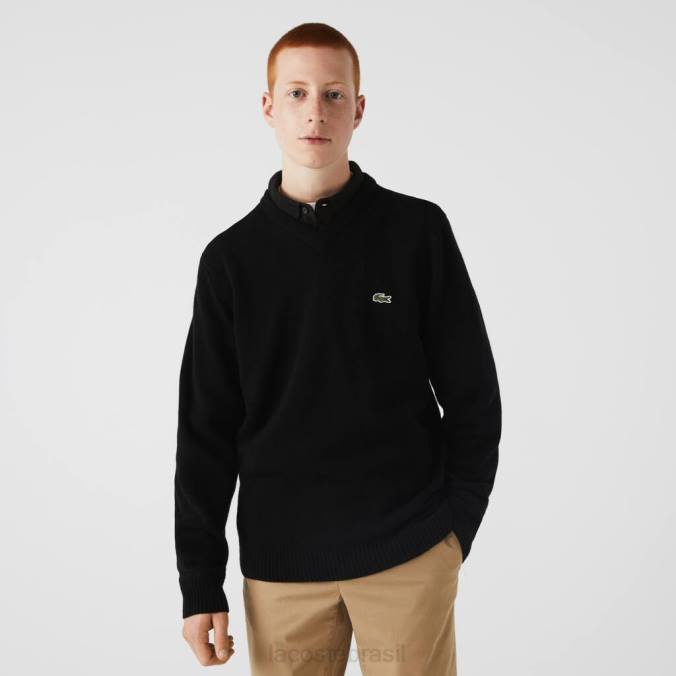 Lacoste homens suéter de lã com decote em V preto P2PX1554 roupas