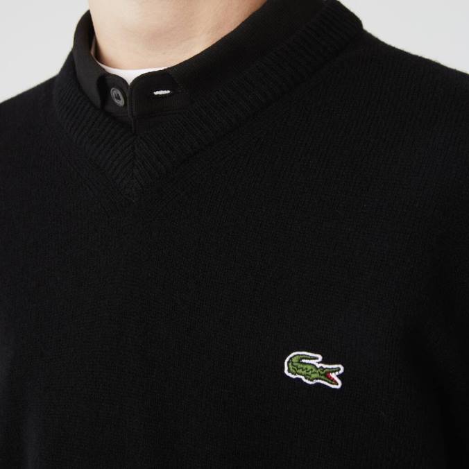 Lacoste homens suéter de lã com decote em V preto P2PX1554 roupas