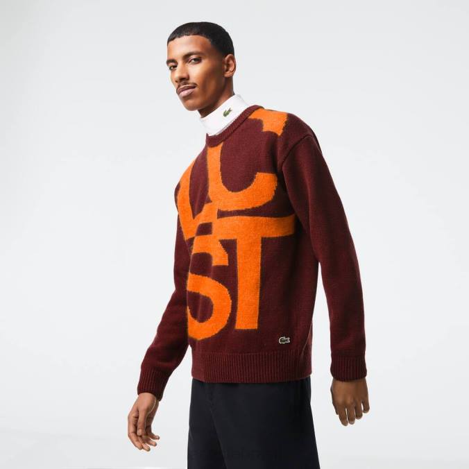 Lacoste homens suéter de lã com letras contrastantes de ajuste clássico bordeaux/laranja P2PX1449 roupas