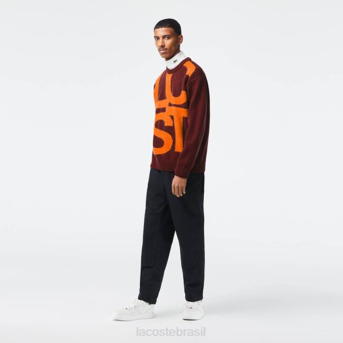 Lacoste homens suéter de lã com letras contrastantes de ajuste clássico bordeaux/laranja P2PX1449 roupas
