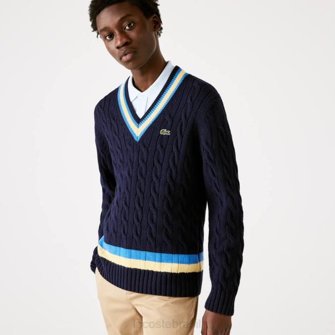 Lacoste homens suéter de lã listrado com contraste clássico azul marinho/amarelo/azul P2PX1517 roupas