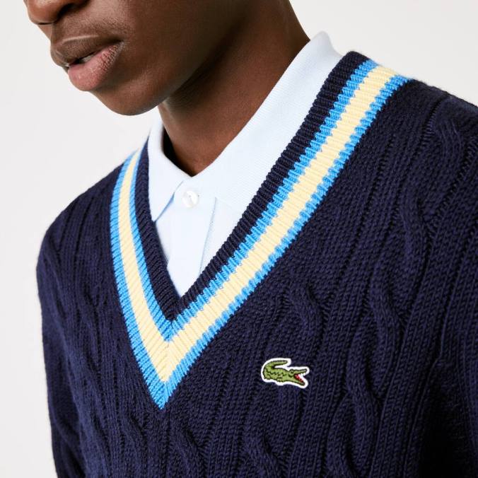 Lacoste homens suéter de lã listrado com contraste clássico azul marinho/amarelo/azul P2PX1517 roupas
