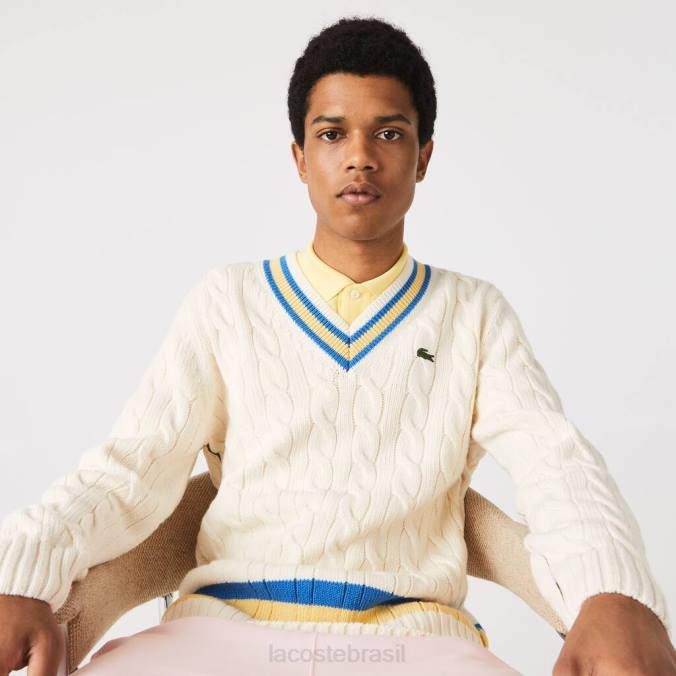Lacoste homens suéter de lã listrado com contraste clássico branco/amarelo/azul P2PX1518 roupas