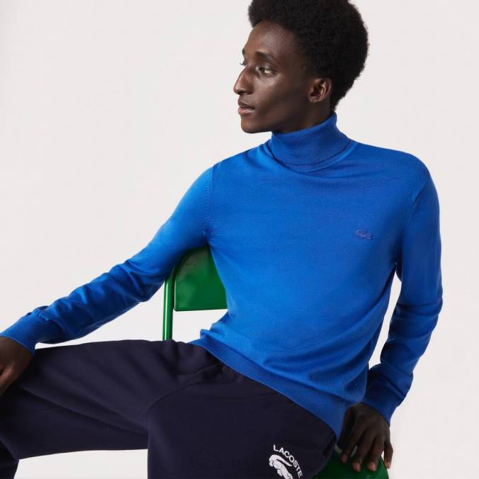 Lacoste homens suéter de lã merino com gola alta azul P2PX1594 roupas