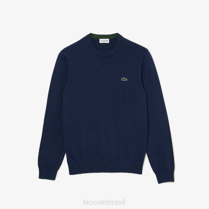 Lacoste homens suéter gola redonda em algodão orgânico chinelo azul P2PX1495 roupas
