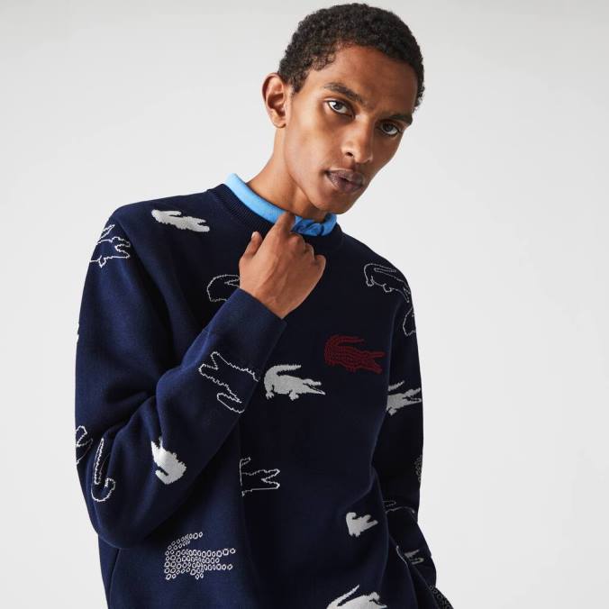 Lacoste homens suéter jacquard de algodão orgânico com gola redonda feito na França Preto branco P2PX1629 roupas