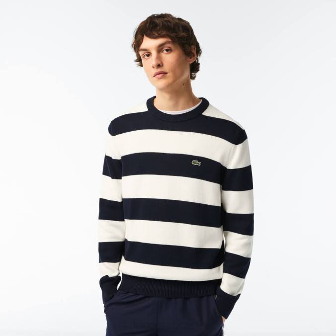 Lacoste homens suéter listrado em jersey de algodão orgânico Preto branco P2PX439 roupas
