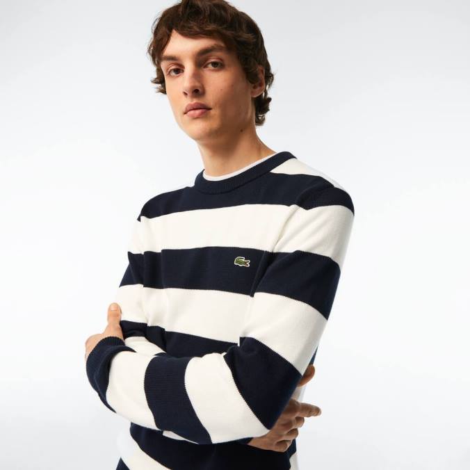 Lacoste homens suéter listrado em jersey de algodão orgânico Preto branco P2PX439 roupas