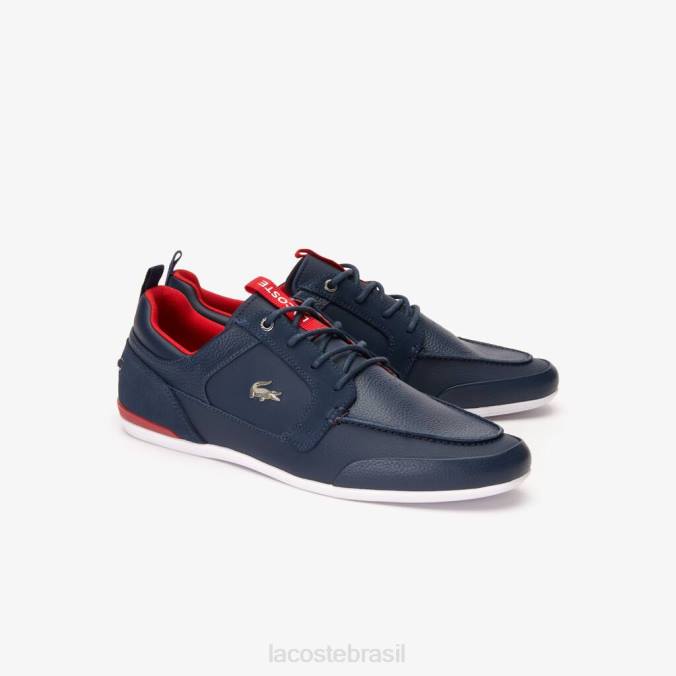 Lacoste homens sapatos de barco de couro marina azul marinho e vermelho P2PX1722 sapato