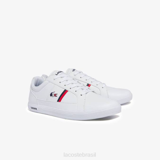 Lacoste homens tênis europa tricolore de couro e sintético branco, marinho e vermelho P2PX1876 sapato