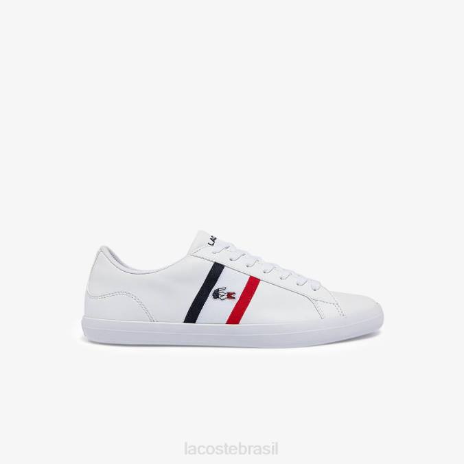 Lacoste homens tênis lerond tricolore em couro e sintético branco, marinho e vermelho P2PX1914 sapato