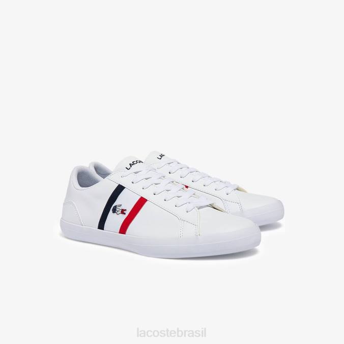 Lacoste homens tênis lerond tricolore em couro e sintético branco, marinho e vermelho P2PX1914 sapato