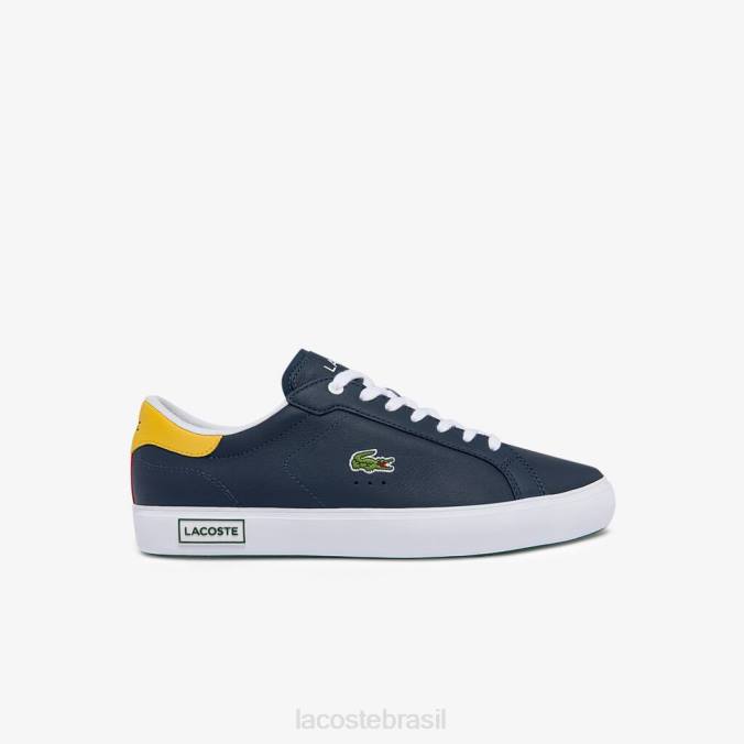 Lacoste homens tênis powercourt com detalhes em couro marinho/amarelo P2PX1884 sapato