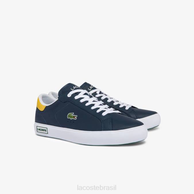 Lacoste homens tênis powercourt com detalhes em couro marinho/amarelo P2PX1884 sapato