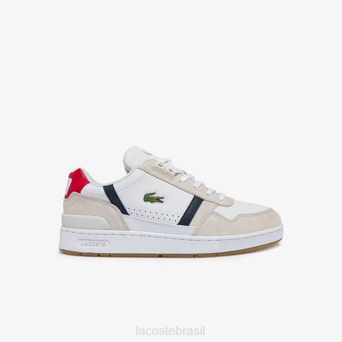 Lacoste homens tênis tricolor de couro e camurça t-clip branco, marinho e vermelho P2PX1836 sapato