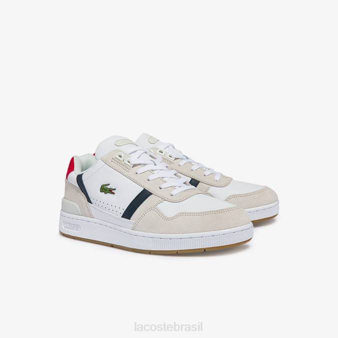 Lacoste homens tênis tricolor de couro e camurça t-clip branco, marinho e vermelho P2PX1836 sapato