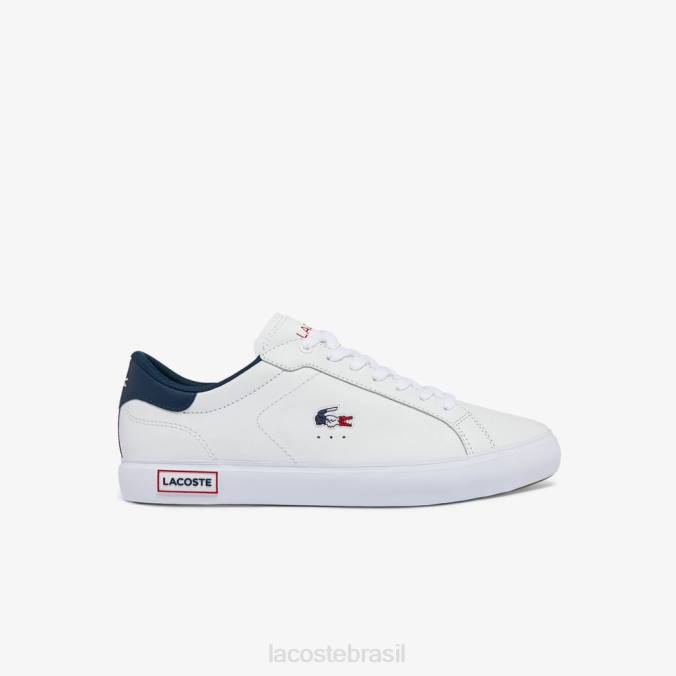 Lacoste homens tênis tricolor powercourt couro branco, marinho e vermelho P2PX1858 sapato