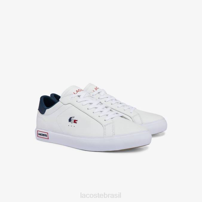 Lacoste homens tênis tricolor powercourt couro branco, marinho e vermelho P2PX1858 sapato