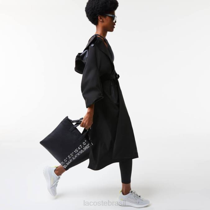 Lacoste mulheres sacola de compras com coordenadas geográficas contrastantes preto branco P2PX2829 bolsas e artigos de couro