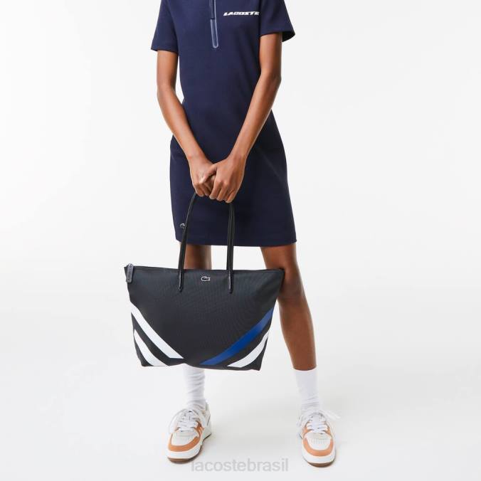 Lacoste mulheres sacola de compras com listras coloridas contrastantes noir marina branca P2PX2890 bolsas e artigos de couro