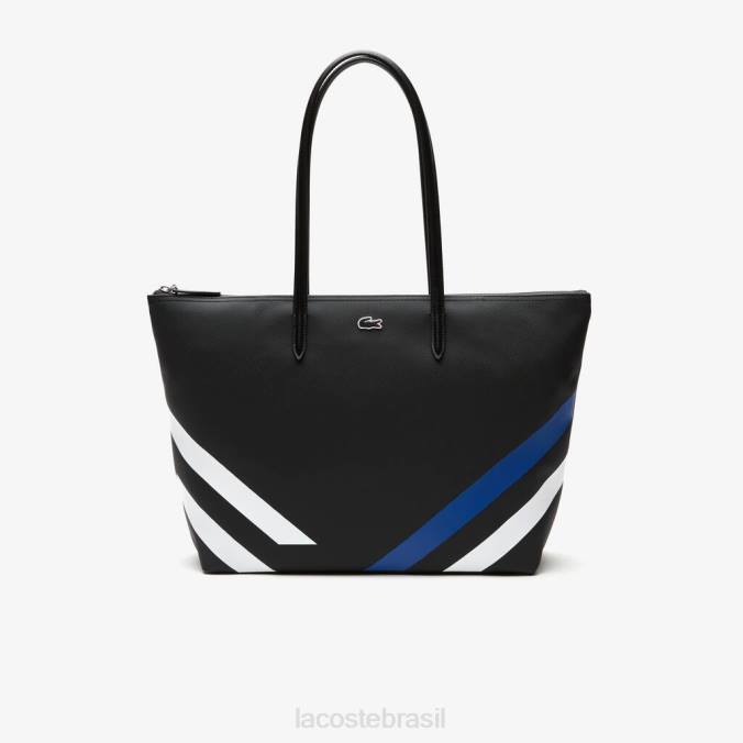 Lacoste mulheres sacola de compras com listras coloridas contrastantes noir marina branca P2PX2890 bolsas e artigos de couro