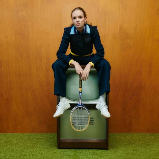 Lacoste x Goop mulheres calça de treino em piquê duas camadas azul-marinho P2PX2667 roupas