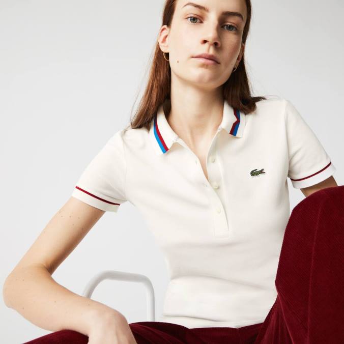 Lacoste mulheres Polo piquê de algodão orgânico slim fit fabricado na França branco/vermelho/azul P2PX2507 roupas