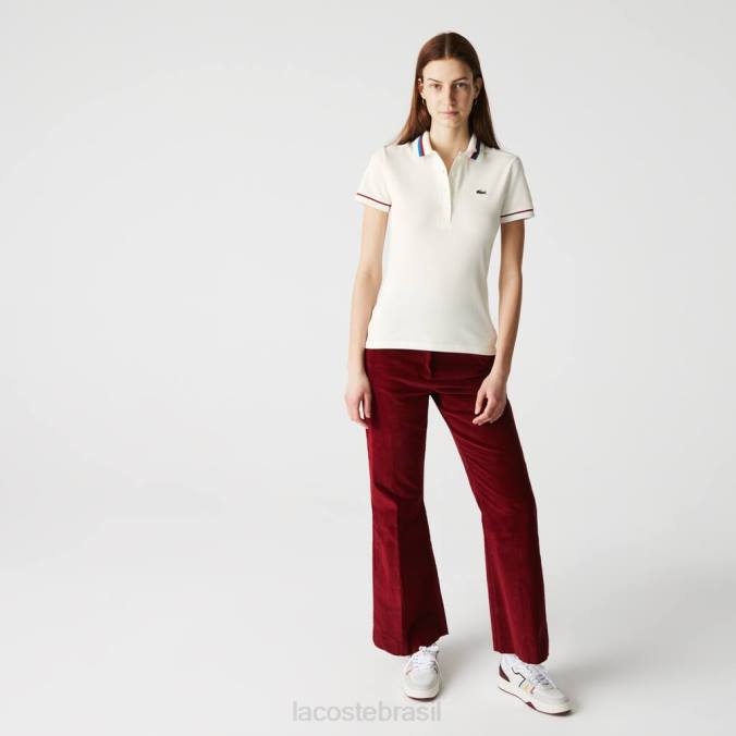Lacoste mulheres Polo piquê de algodão orgânico slim fit fabricado na França branco/vermelho/azul P2PX2507 roupas