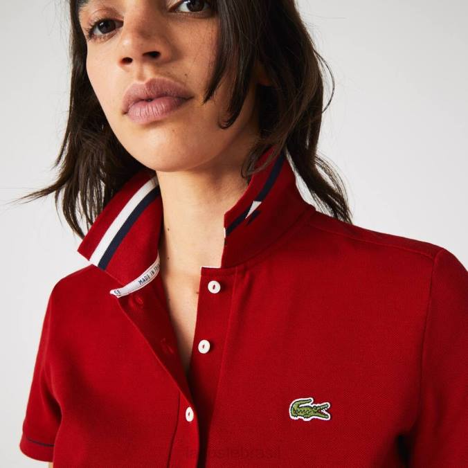 Lacoste mulheres Polo piquê de algodão orgânico slim fit fabricado na França vermelho/branco/azul marinho P2PX2506 roupas
