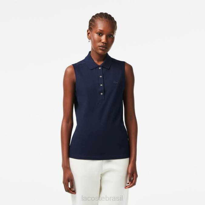 Lacoste mulheres camisa pólo piquê de algodão sem mangas slim fit azul-marinho P2PX2498 roupas