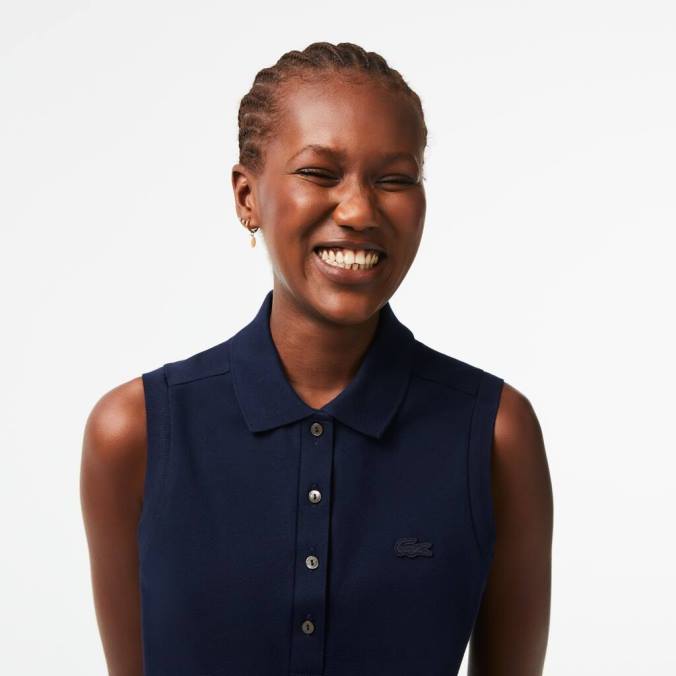 Lacoste mulheres camisa pólo piquê de algodão sem mangas slim fit azul-marinho P2PX2498 roupas