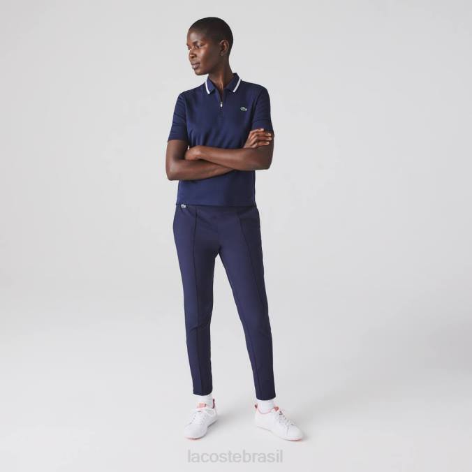 Lacoste mulheres pólo de golfe esportivo com gola zip azul marinho/branco P2PX2466 roupas