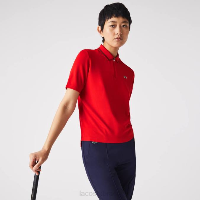 Lacoste mulheres pólo de golfe esportivo com gola zip vermelho/bordô P2PX2465 roupas