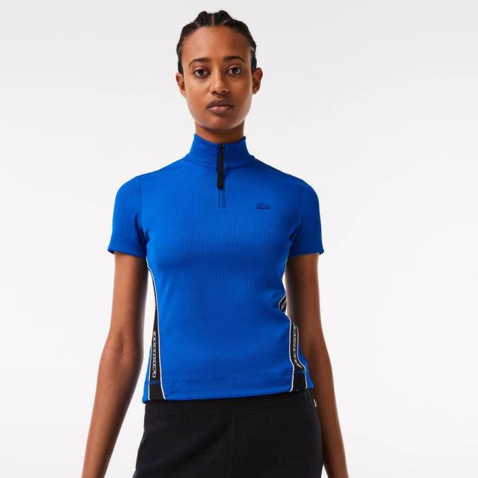 Lacoste mulheres polo com gola e zíper com faixas contrastantes azul P2PX2477 roupas