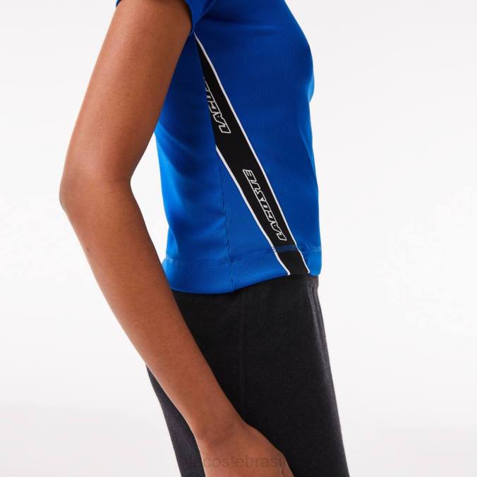 Lacoste mulheres polo com gola e zíper com faixas contrastantes azul P2PX2477 roupas