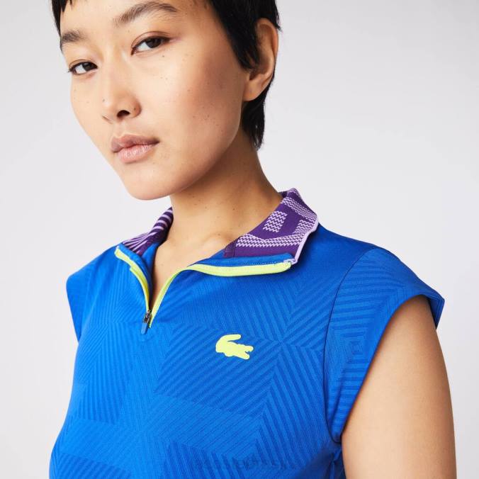 Lacoste mulheres polo de tênis esportiva com zíper e gola alta azul/roxo/amarelo P2PX2501 roupas
