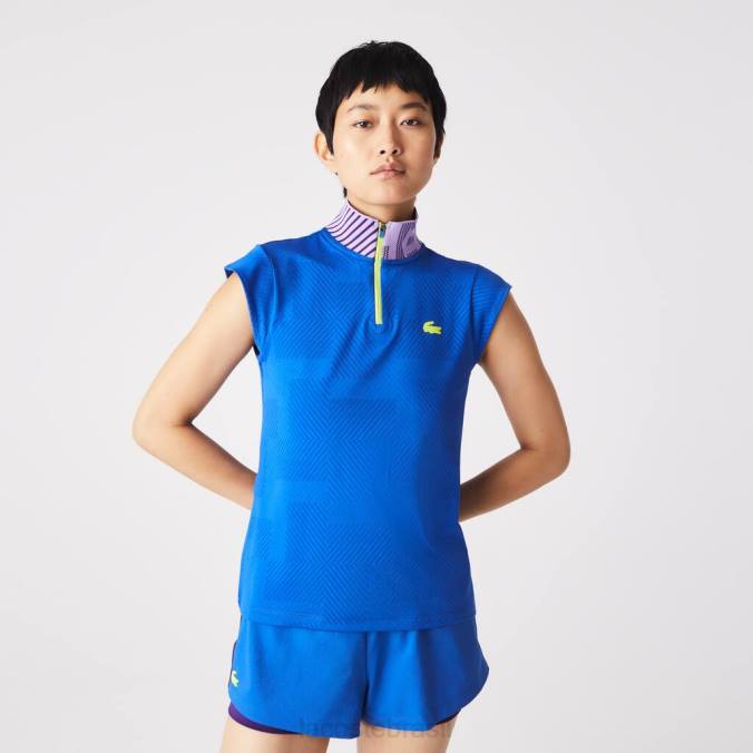 Lacoste mulheres polo de tênis esportiva com zíper e gola alta azul/roxo/amarelo P2PX2501 roupas