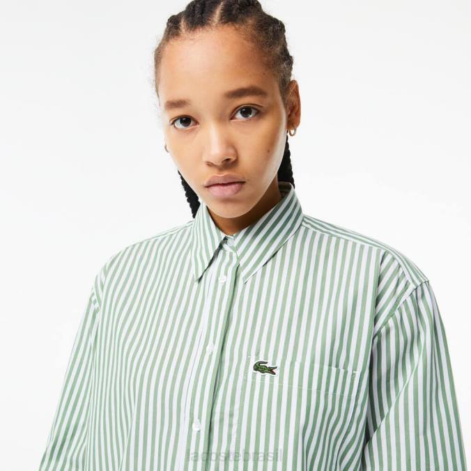 Lacoste mulheres camisa listrada de popeline de algodão branco/verde cáqui P2PX2448 roupas